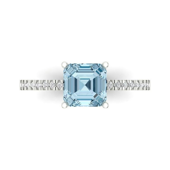Clara Pucci 14K White Gold Solid Gold Aquamarine Solitaire with Accents Anniversary Ring for Women - 2.7 cttw Asscher Cut