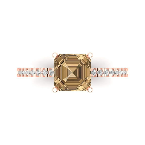 Clara Pucci 14K Rose Gold Solid Gold Champagne Solitaire with Accents Anniversary Ring for Women - 2.7 cttw Asscher Cut