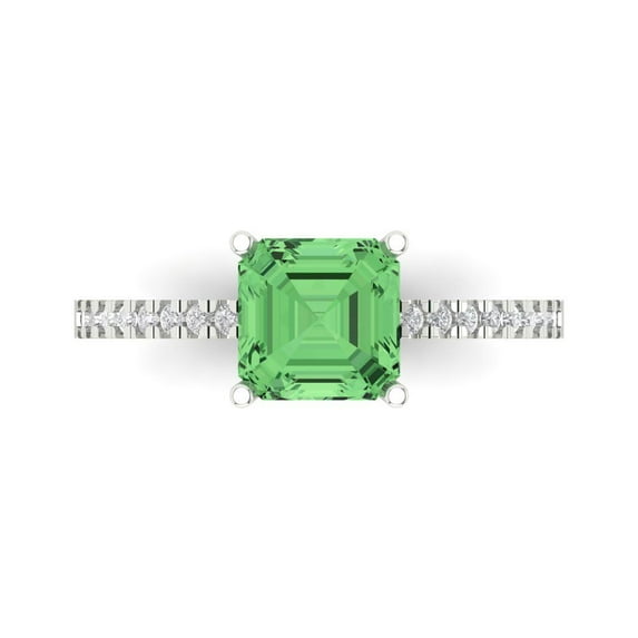 Clara Pucci 14K White Gold Solid Gold Green Solitaire with Accents Anniversary Ring for Women - 2.7 cttw Asscher Cut