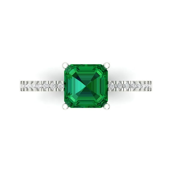 Clara Pucci 14K White Gold Solid Gold Emerald Solitaire with Accents Anniversary Ring for Women - 2.7 cttw Asscher Cut
