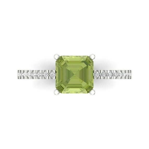Clara Pucci 14K White Gold Solid Gold Peridot Solitaire with Accents Anniversary Ring for Women - 2.7 cttw Asscher Cut