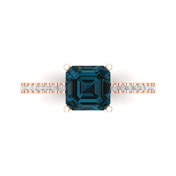 Clara Pucci 14K Rose Gold Solid Gold LondonBlueTopaz Solitaire with Accents Anniversary Ring for Women - 2.7 cttw Asscher Cut