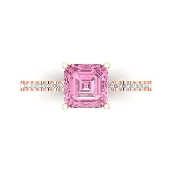Clara Pucci 14K Rose Gold Solid Gold Pink Solitaire with Accents Anniversary Ring for Women - 2.7 cttw Asscher Cut