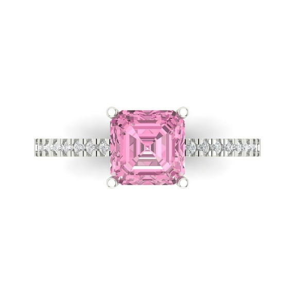 Clara Pucci 14K White Gold Solid Gold Pink Solitaire with Accents Anniversary Ring for Women - 2.7 cttw Asscher Cut