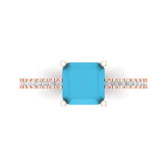 Clara Pucci 14K Rose Gold Solid Gold Turquoise Solitaire with Accents Anniversary Ring for Women - 2.7 cttw Asscher Cut