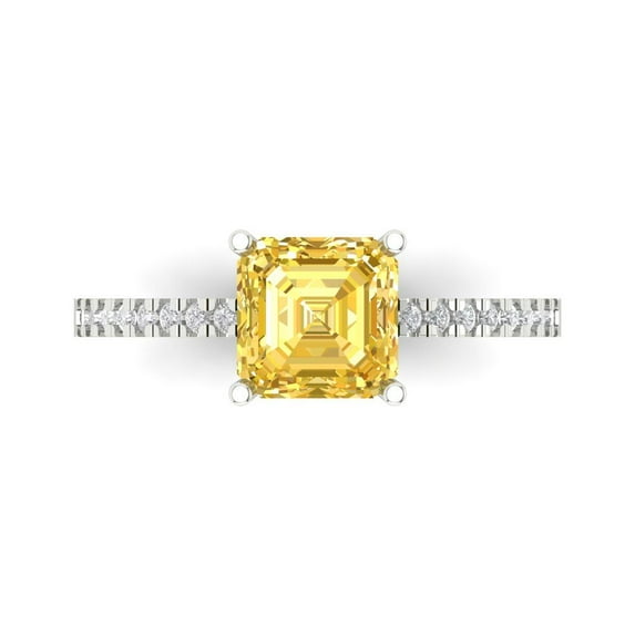 Clara Pucci 14K White Gold Solid Gold Yellow Solitaire with Accents Anniversary Ring for Women - 2.7 cttw Asscher Cut