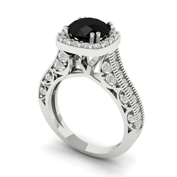 2.7ct round cut black natural onyx 14k white gold halo Bridal Wedding Engagement Promise Anniversary Ring for Women size 5.25