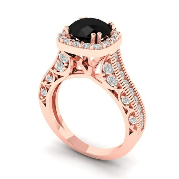 2.7ct round cut black natural onyx 18k rose gold halo Bridal Wedding Engagement Promise Anniversary Ring for Women size 9.25