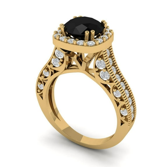 2.7ct round cut black natural onyx 18k yellow gold halo Bridal Wedding Engagement Promise Anniversary Ring for Women size 8.5