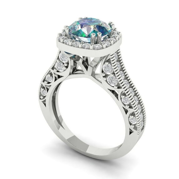 2.7ct round cut blue moissanite 14k white gold halo Bridal Wedding Engagement Promise Anniversary Ring for Women size 4.25