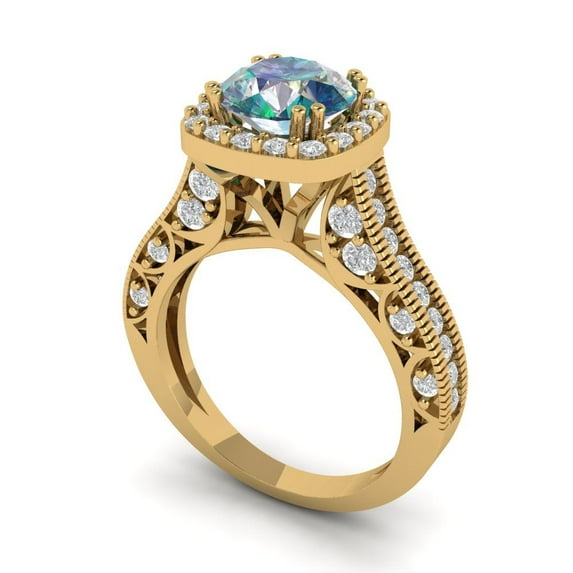 2.7ct round cut blue moissanite 14k yellow gold halo Bridal Wedding Engagement Promise Anniversary Ring for Women size 4.75