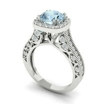 2.7ct round cut blue natural aquamarine 18k white gold halo Bridal Wedding Engagement Promise Anniversary Ring for Women size 3.75