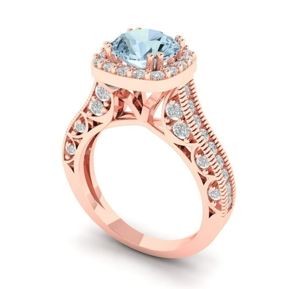 2.7ct round cut blue Zircon 18k rose gold halo Bridal Wedding Engagement Promise Anniversary Ring for Women size 10