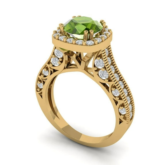 2.7ct round cut green natural peridot 18k yellow gold halo Bridal Wedding Engagement Promise Anniversary Ring for Women size 6.5