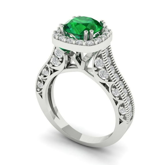 2.7ct round cut green emerald 14k white gold halo Bridal Wedding Engagement Promise Anniversary Ring for Women size 7.25