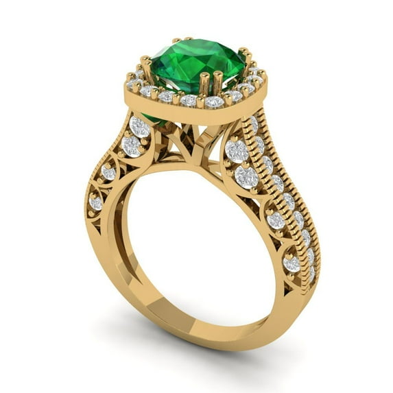 2.7ct round cut green emerald 14k yellow gold halo Bridal Wedding Engagement Promise Anniversary Ring for Women size 7.25