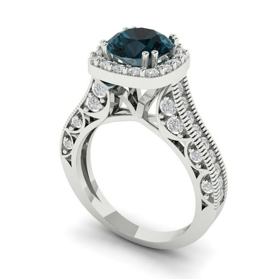 2.7ct round cut natural london blue topaz 18k white gold halo Bridal Wedding Engagement Promise Anniversary Ring for Women size 10.75