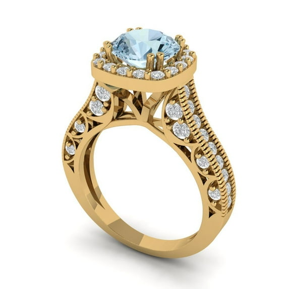 2.7ct round cut natural swiss blue topaz 18k yellow gold halo Bridal Wedding Engagement Promise Anniversary Ring for Women size 9.25