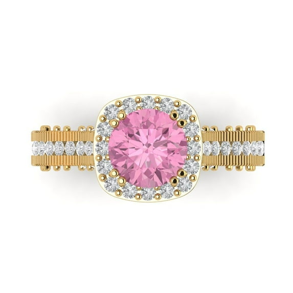 Clara Pucci 14K Yellow Gold Solid Gold Pink Halo Anniversary Ring for Women - 2.37 cttw Round Cut