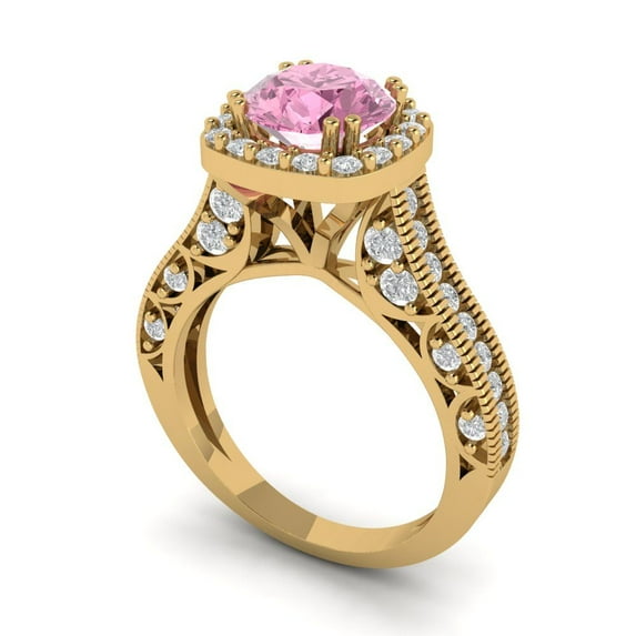 2.7ct round cut pink Zircon 18k yellow gold halo Bridal Wedding Engagement Promise Anniversary Ring for Women size 8.75