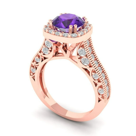 2.7ct round cut purple natural amethyst 18k rose gold halo Bridal Wedding Engagement Promise Anniversary Ring for Women size 6