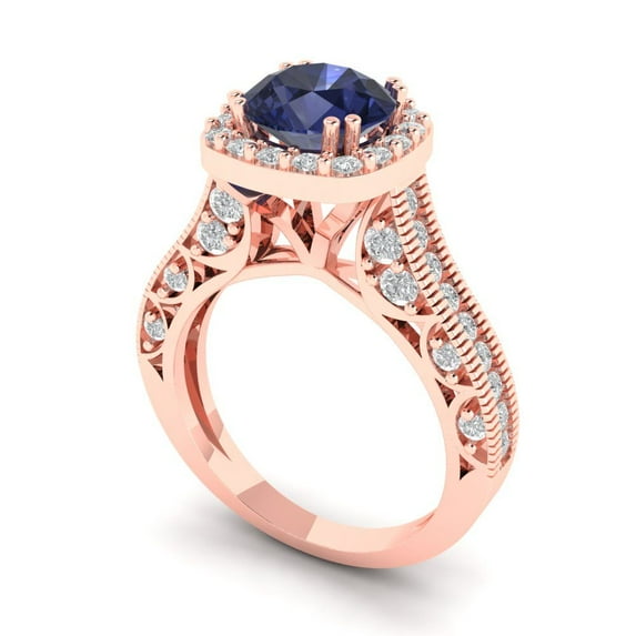 2.7ct round cut blue sapphire 18k rose gold halo Bridal Wedding Engagement Promise Anniversary Ring for Women size 6.75