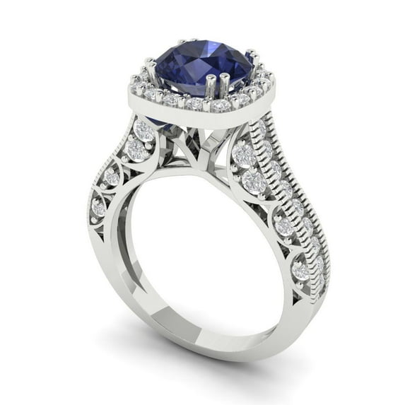 2.7ct round cut blue sapphire 18k white gold halo Bridal Wedding Engagement Promise Anniversary Ring for Women size 4