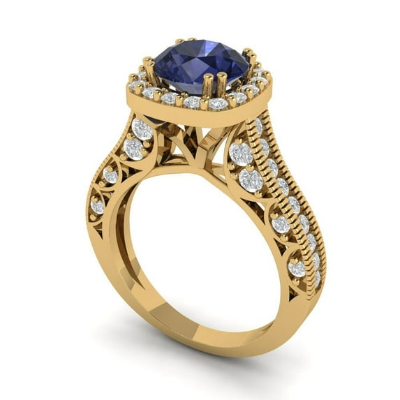 2.7ct round cut blue sapphire 18k yellow gold halo Bridal Wedding Engagement Promise Anniversary Ring for Women size 7.5