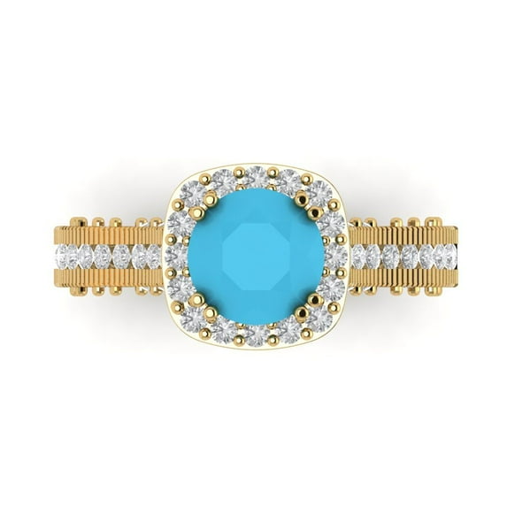 Clara Pucci 14K Yellow Gold Solid Gold Turquoise Halo Anniversary Ring for Women - 2.37 cttw Round Cut