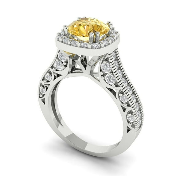 2.7ct round cut yellow Zircon 14k white gold halo Bridal Wedding Engagement Promise Anniversary Ring for Women size 10.25