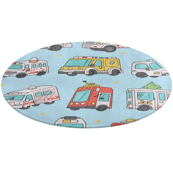 2.7ft Excavator Fire Truck Racing Ultra-Thin Washable Round Rug - Non Slip Non Shedding Low Pile Carpet for Living Room Coffee Table Kitchen Bedroom