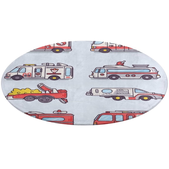 2.7ft Fire Engine Car Truck Ultra-Thin Washable Round Rug - Non Slip Non Shedding Low Pile Carpet for Living Room Coffee Table Kitchen Bedroom