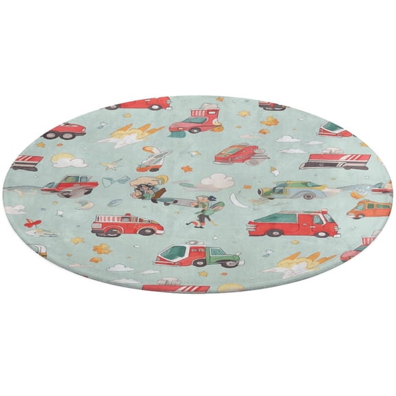 2.7ft Fire Engine Car Truck Ultra-Thin Washable Round Rug - Non Slip Non Shedding Low Pile Carpet for Living Room Coffee Table Kitchen Bedroom
