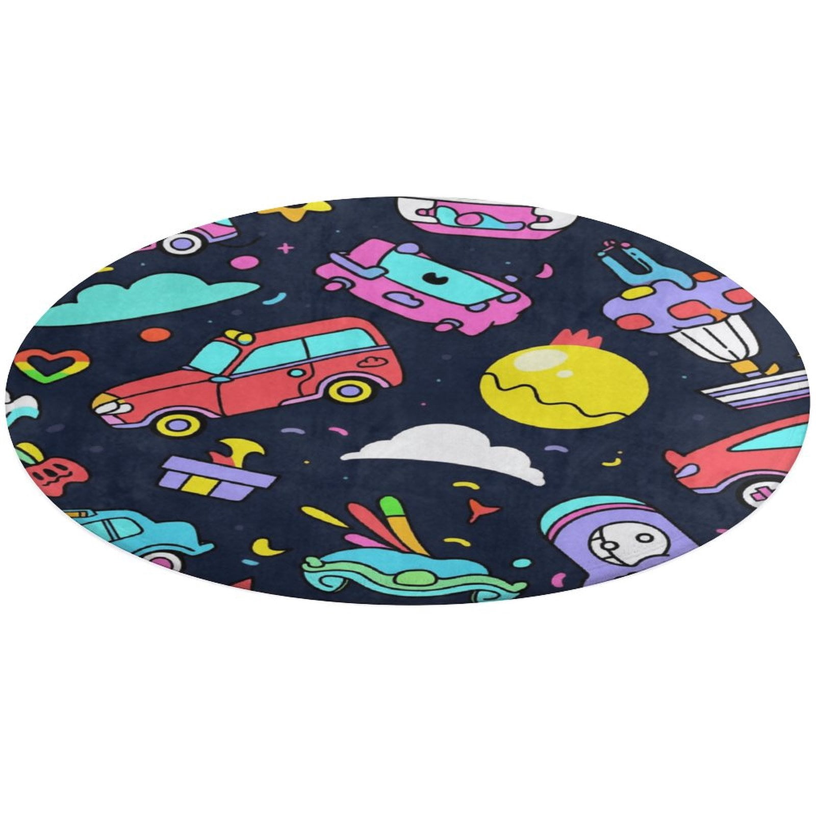 2.7ft Fire Engine Car Truck Ultra-Thin Washable Round Rug - Non Slip ...