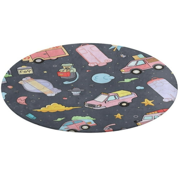 2.7ft Rug for Kids Room Playroom Nursery Bedroom Excavator Fire Truck Racing Washable Circular Floor Mat for Home Room Decorative