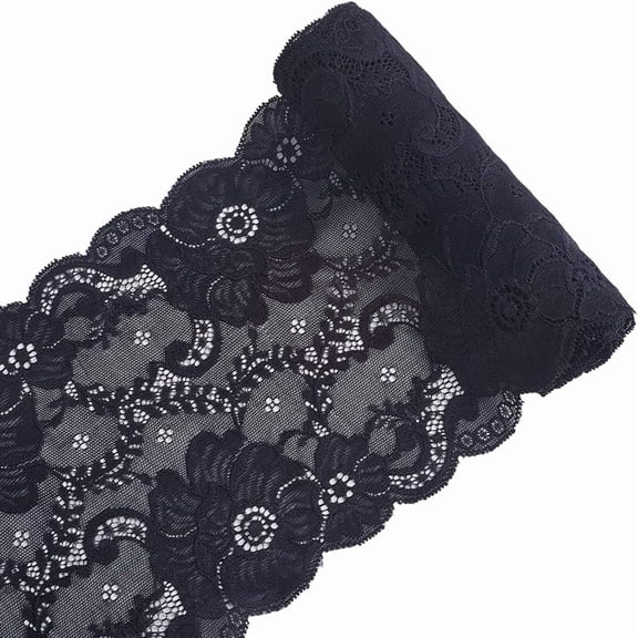 2.7m x 17.7cm Elastic Lace Trim Black Floral Pattern Lace Ribbon Vintage Stretchy Fabric Edge Trimming Applique