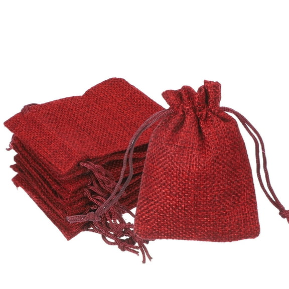 2.7x3.5 Inch Burlap Bags with Drawstring, 50 Pcs Linen Favor Gift Bags Reusable Jewelry Pouch Sacks for Party Christmas Festival, Wine Red