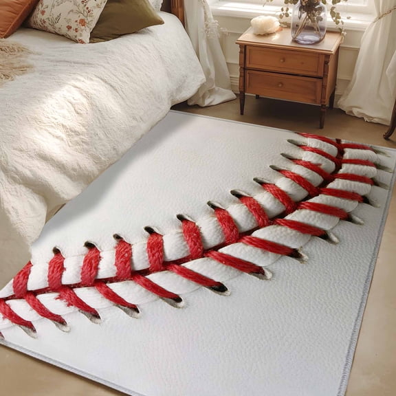 2.7x5 Area Rugs, Baseball Non-Skid Rubber Backing Large Rectangle Rugs - Living Room Bedroom Home Office, Red White Texture Sports Ball Minimalist Indoor Floor Mat Carpets Washable Rug