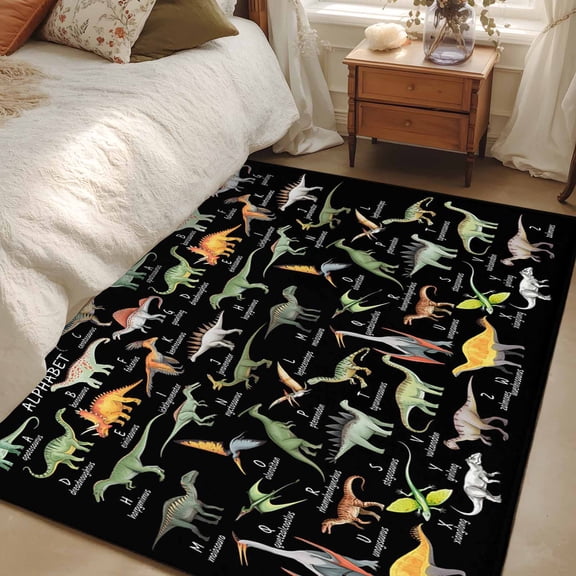 2.7x5 Area Rugs, Black Dinosaur Non-Skid Rubber Backing Large Rectangle Rugs - Living Room Bedroom Home Office, Vintage Letters Farm Animals Indoor Floor Mat Carpets Washable Rug