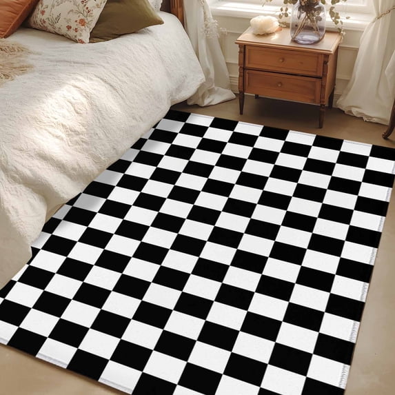 2.7x5 Area Rugs, Black White Plaid Non-Skid Rubber Backing Large Rectangle Rugs - Living Room Bedroom Home Office, Farmhouse Modern Minimalist Geometric Indoor Floor Mat Carpets Washable Rug