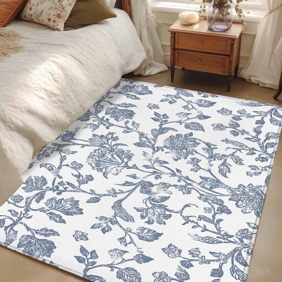 2.7x5 Area Rugs, Blue Flower Non-Skid Rubber Backing Large Rectangle Rugs - Living Room Bedroom Home Office, Vintage Farmhouse Boho Leaf Spring Summer Indoor Floor Mat Carpets Washable Rug