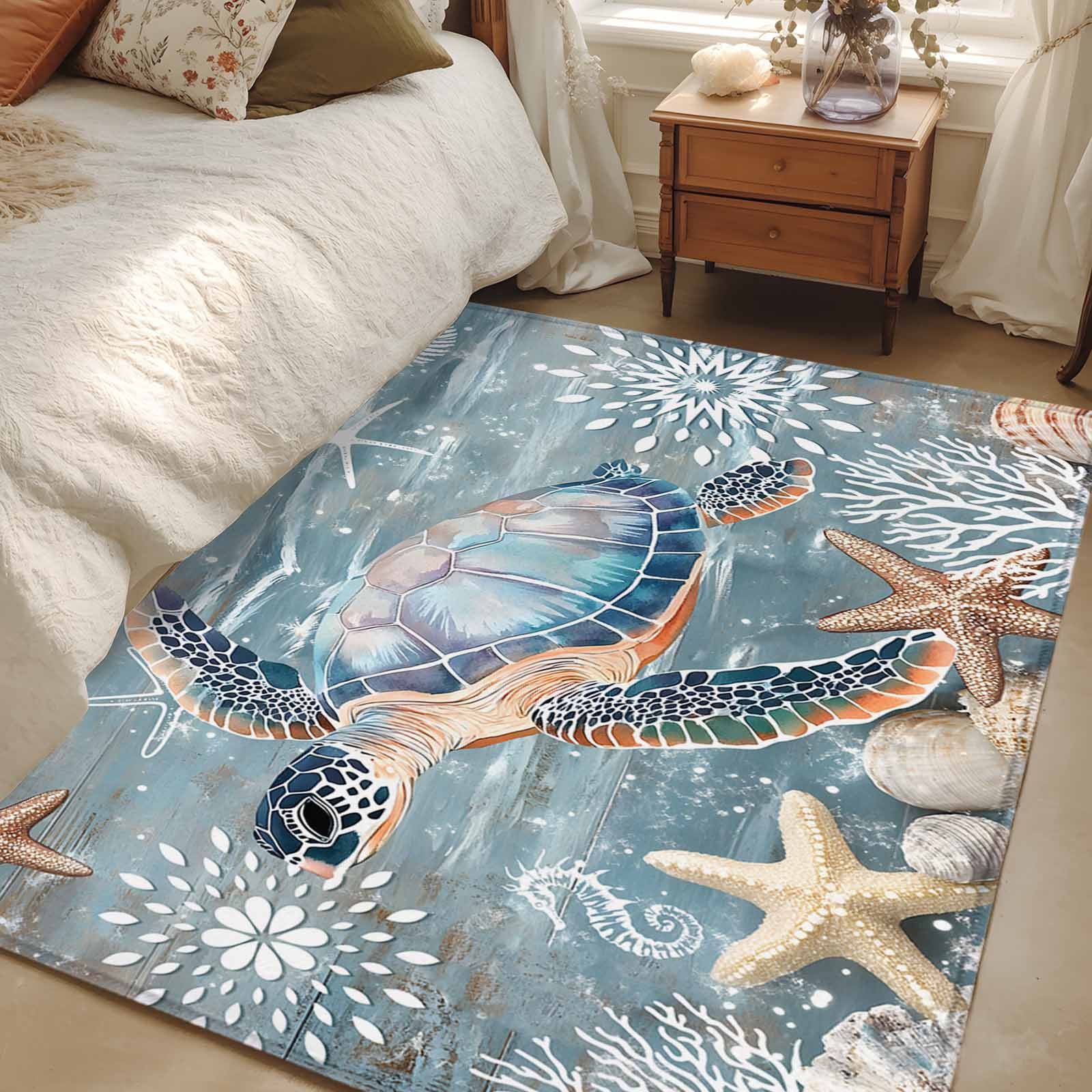 2.7x5 Area Rugs, Blue Turtle Coastal Non-Skid Rubber Backing Large ...