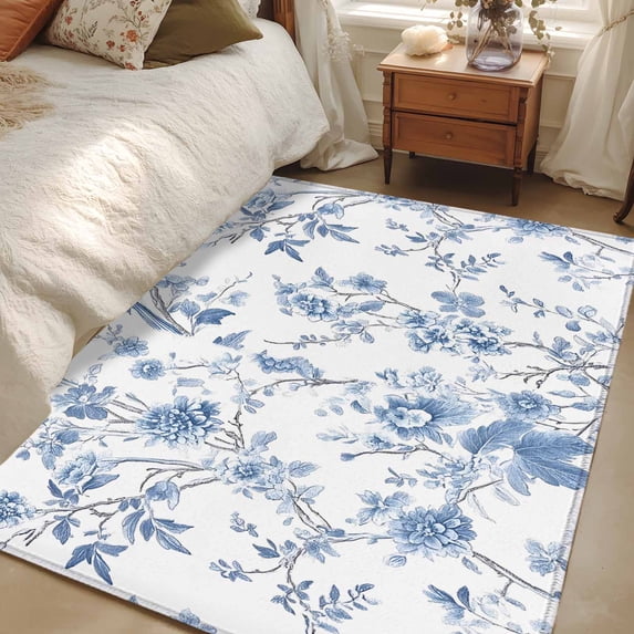 Fairview Spring Blue Rug 2.7x5 Area Rugs, Blue White Spring Floral Non-Skid Rubber Backing Large ...