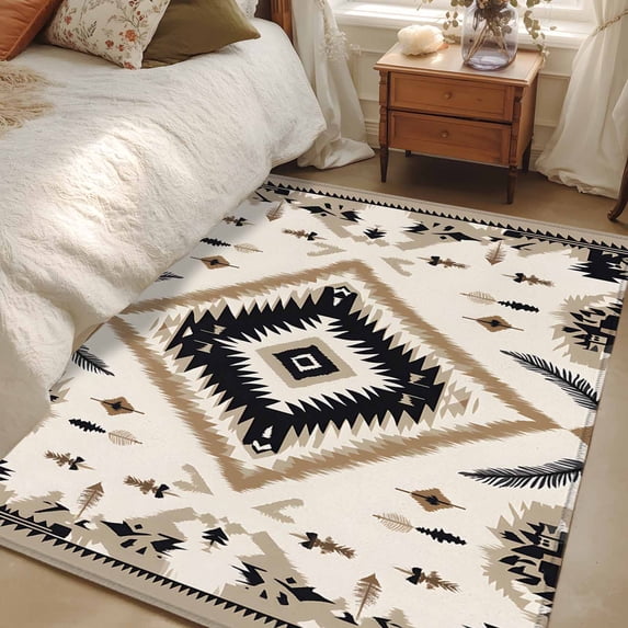 2.7x5 Area Rugs, Boho Black Brown Non-Skid Rubber Backing Large Rectangle Rugs - Living Room Bedroom Home Office, Retro Geometric Southwestern Ethnic Indoor Floor Mat Carpets Washable Rug