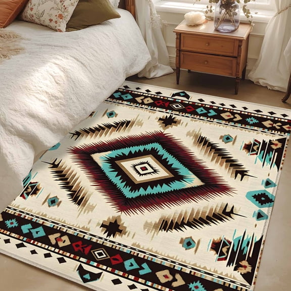 2.7x5 Area Rugs, Boho Red Teal Brown Non-Skid Rubber Backing Large Rectangle Rugs - Living Room Bedroom Home Office, Southwestern Abstract Geometric Indoor Floor Mat Carpets Washable Rug