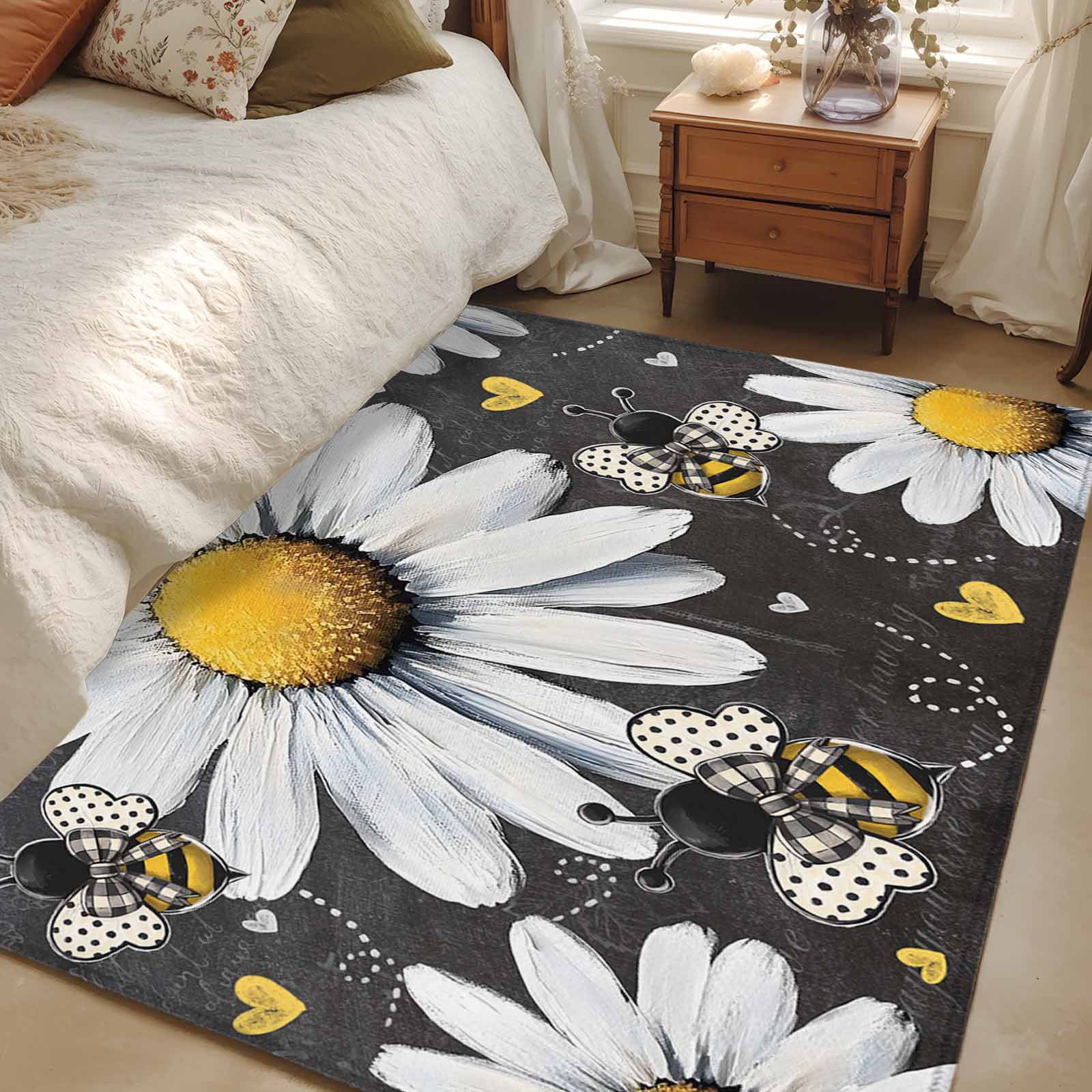 Small Daisy Rug 2.7x5 Area Rugs, Daisy Bee Non-Skid Rubber Backing Large Rectangle Rugs ...