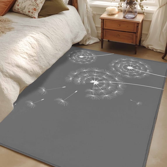 2.7x5 Area Rugs, Grey Dandelion Non-Skid Rubber Backing Large Rectangle Rugs - Living Room Bedroom Home Office, Abstract Art Simple Floral Indoor Floor Mat Carpets Washable Rug