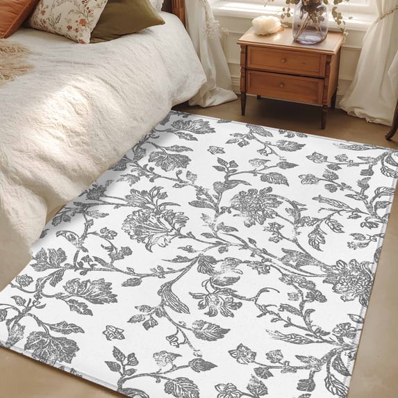 2.7x5 Area Rugs, Grey Flower Non-Skid Rubber Backing Large Rectangle Rugs - Living Room Bedroom Home Office, Vintage Farmhouse Boho Leaf Spring Plant Indoor Floor Mat Carpets Washable Rug