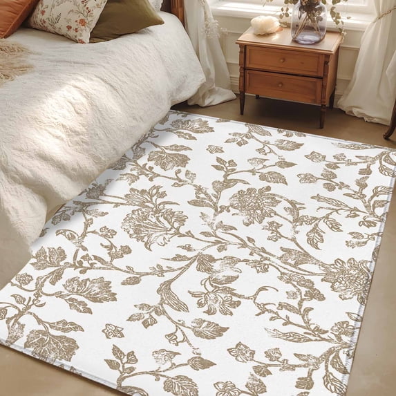 2.7x5 Area Rugs, Khaki Flower Non-Skid Rubber Backing Large Rectangle Rugs - Living Room Bedroom Home Office, Vintage Farmhouse Boho Leaf Spring Plant Indoor Floor Mat Carpets Washable Rug