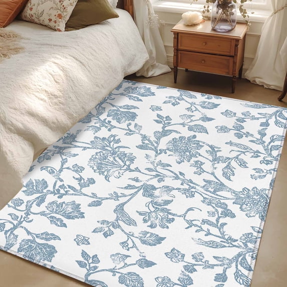 2.7x5 Area Rugs, Light Blue Flower Non-Skid Rubber Backing Large Rectangle Rugs - Living Room Bedroom Home Office, Vintage Farmhouse Boho Leaf Spring Indoor Floor Mat Carpets Washable Rug